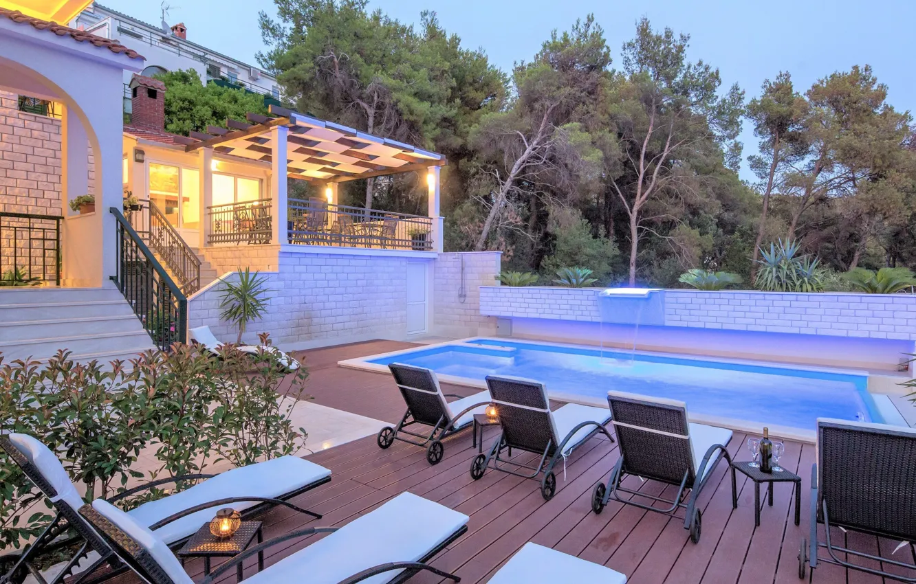 Photo wallpaper Villa, the evening, pool, lighting, architecture, terrace, Croatia, Trogir