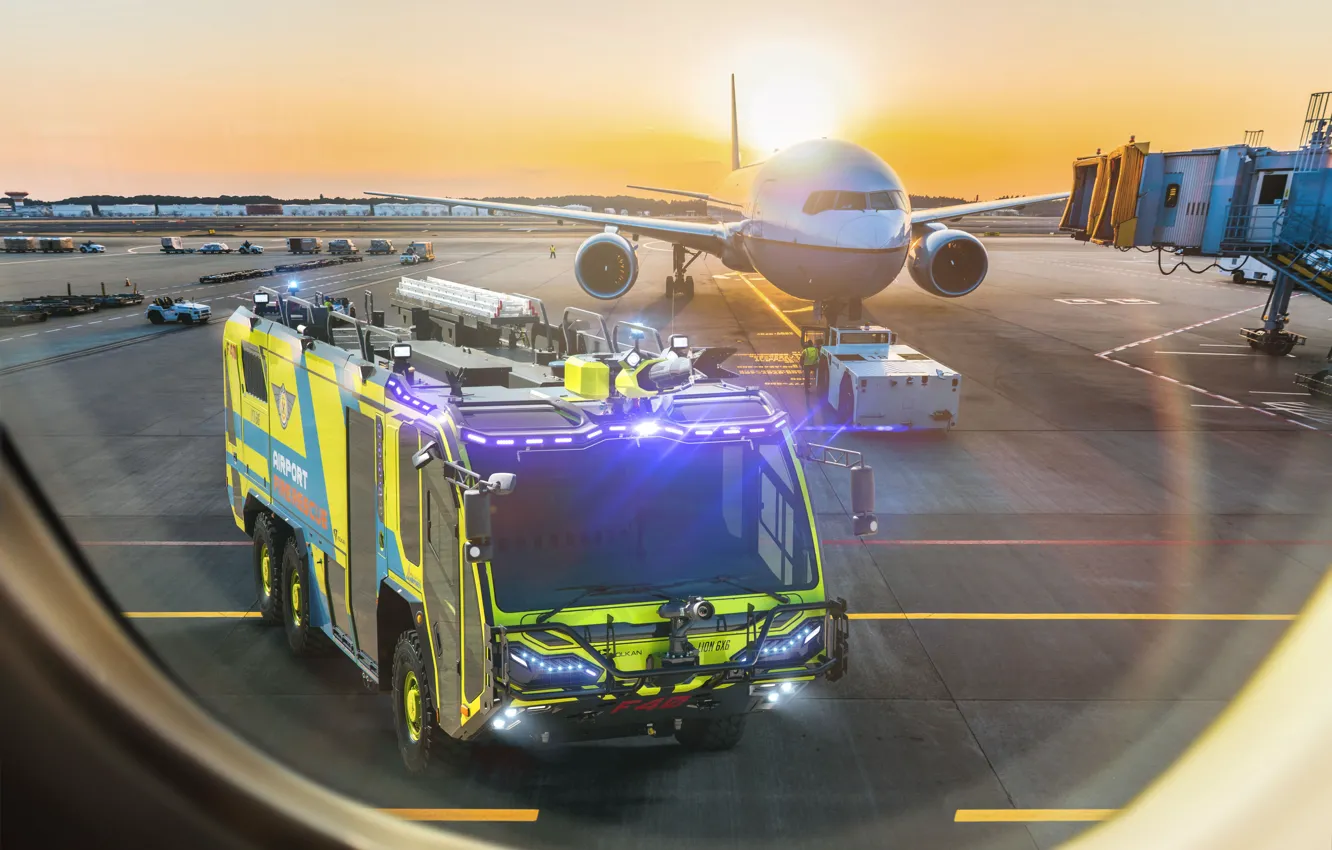 Photo wallpaper the plane, lion, Airport, Fire truck, Fire Truck, Volkan Fire Fighting Vehicles, volcano, Lion 6×6