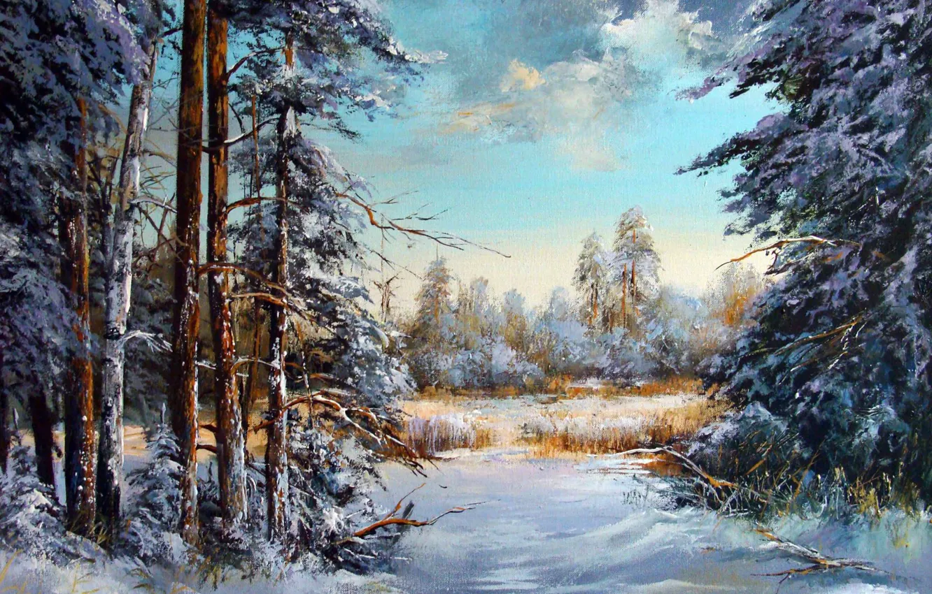 Photo wallpaper winter, snow, trees, landscape, oil, picture, painting, canvas