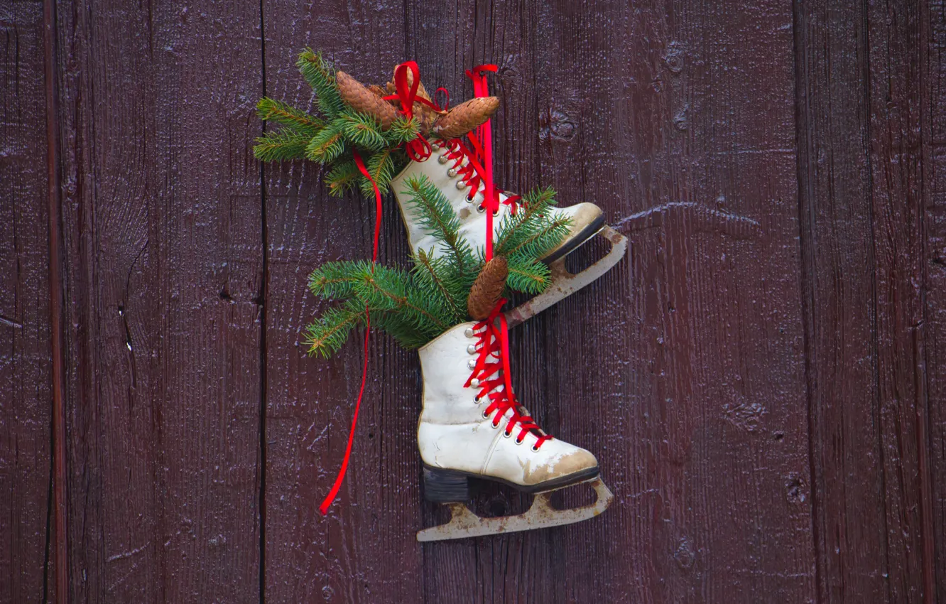 Photo wallpaper winter, branches, wall, holiday, winter, Board, shoes, Christmas