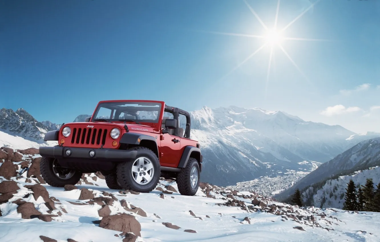 Photo wallpaper the sun, snow, mountains, SUV, Jeep, Wrangel