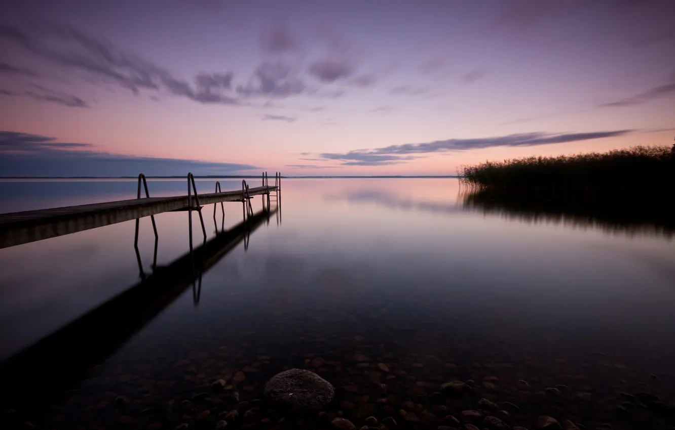 Photo wallpaper lake, stones, dawn, shore, Marina, pierce