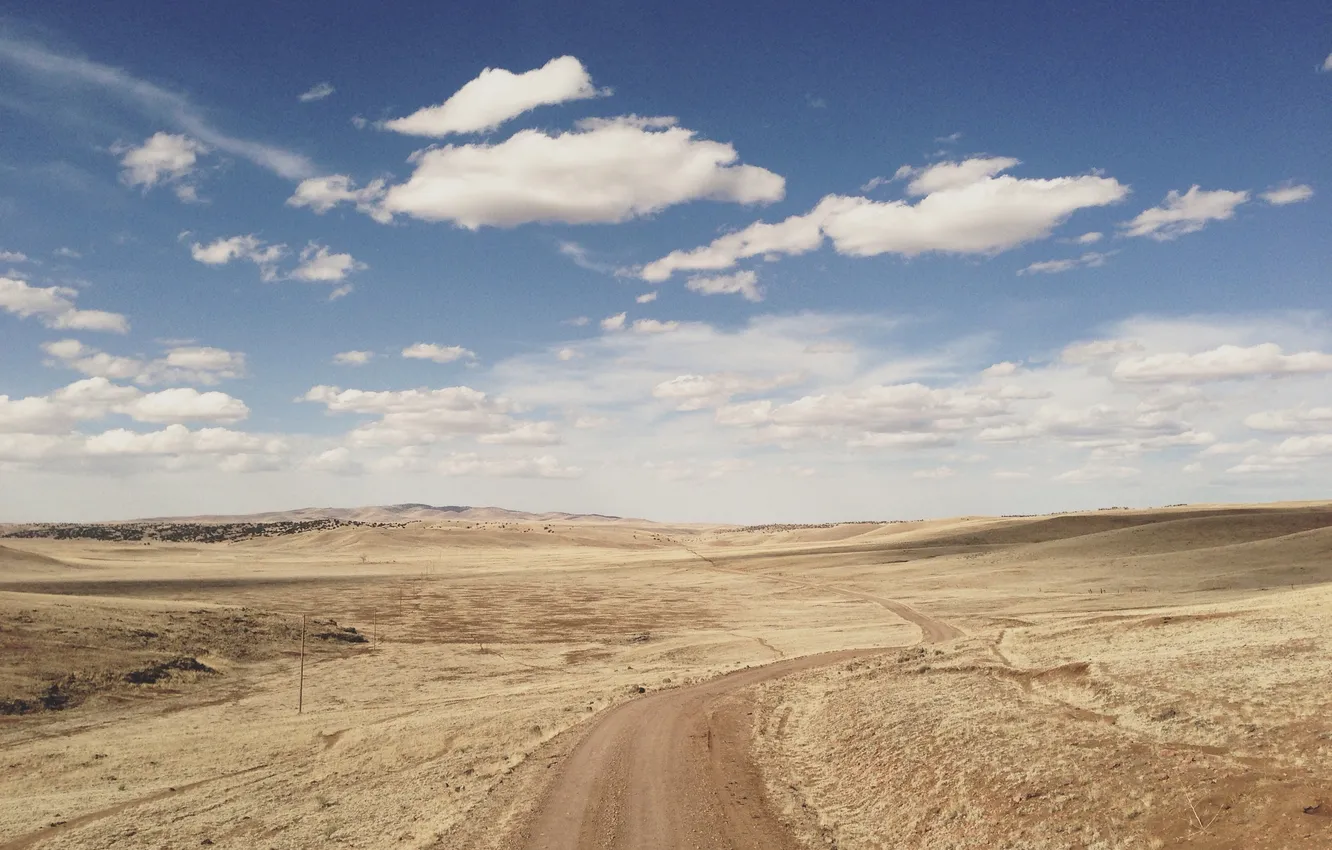 Photo wallpaper road, sky, desert, clouds, hills, sunny