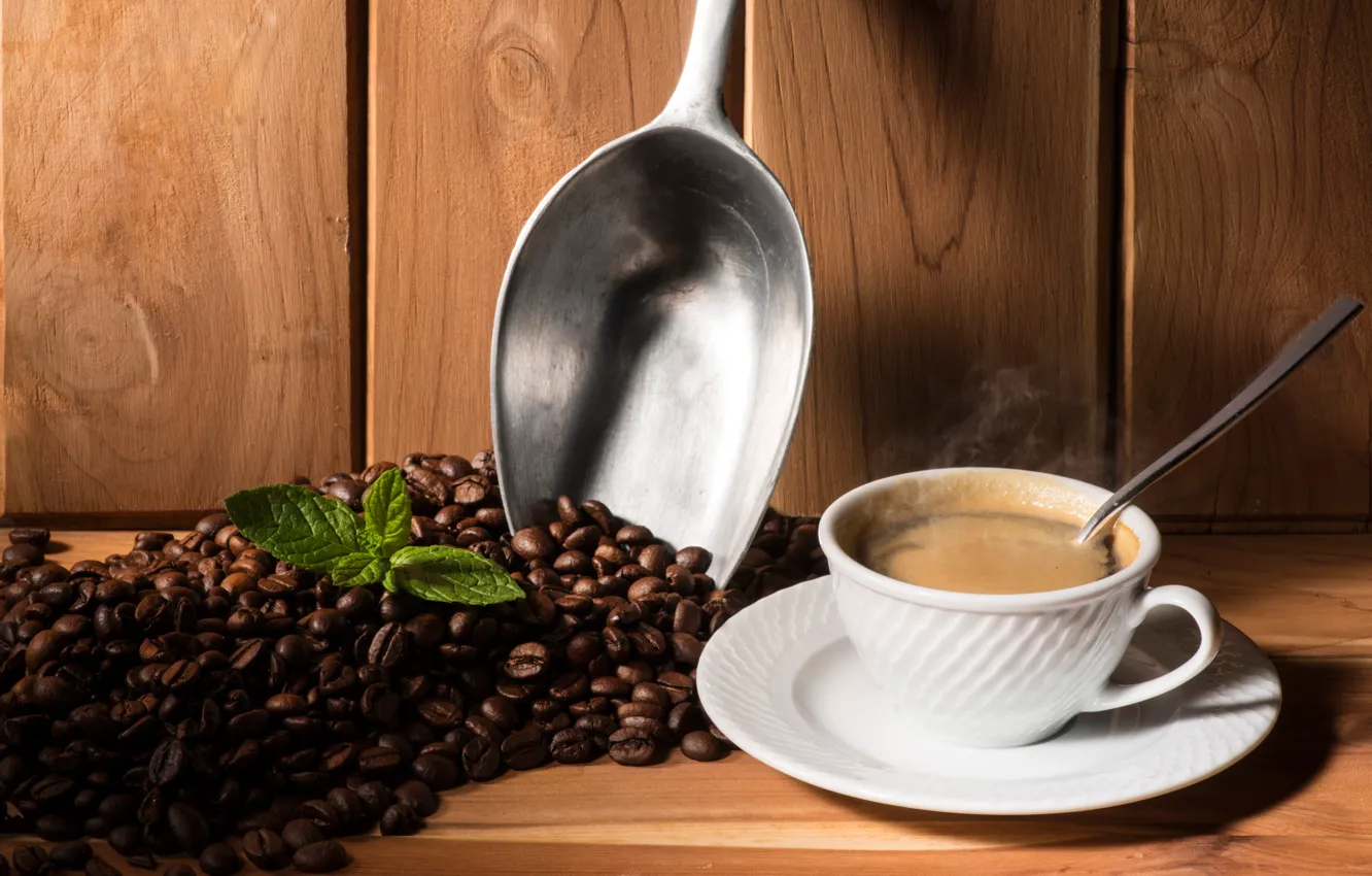 Photo wallpaper leaves, coffee, spoon, Cup, drink, saucer, grain, scoop