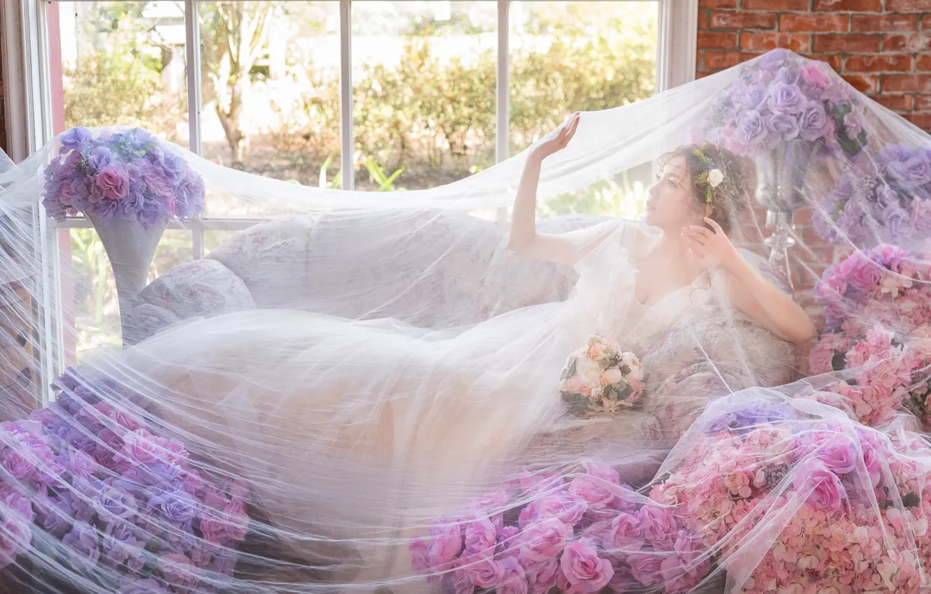 Photo wallpaper look, girl, flowers, pose, room, sofa, bouquet, hands