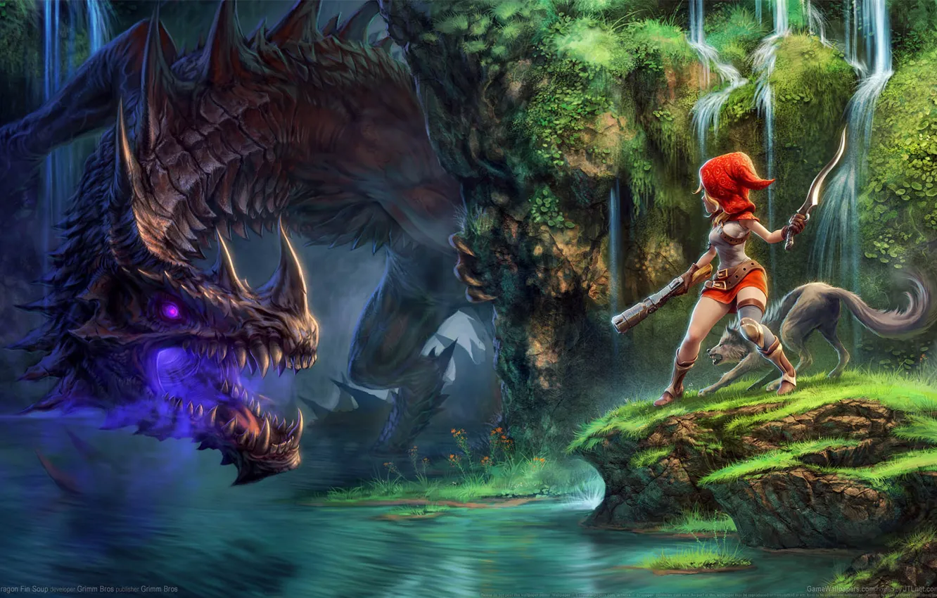 Photo wallpaper girl, nature, river, dragon, waterfall, wolf, Dragon Fin Soup