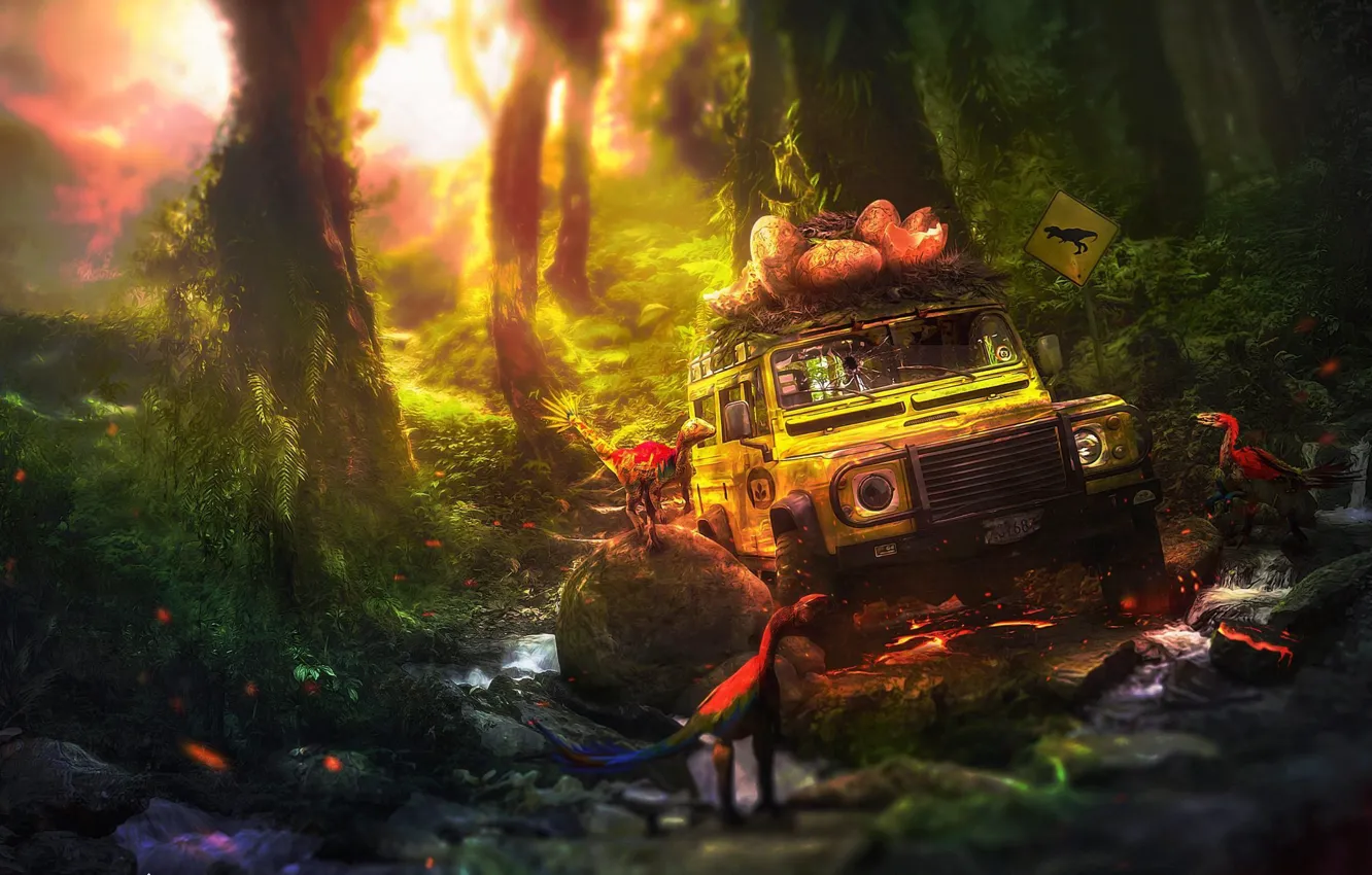 Photo wallpaper forest, trees, stream, stones, sign, dinosaur, car, final-fixed