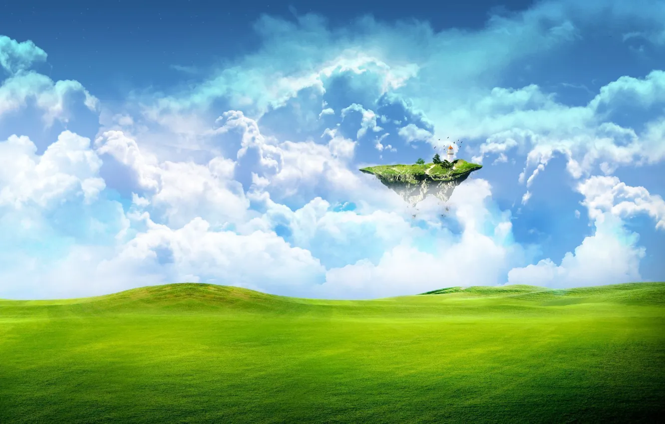 Photo wallpaper greens, field, the sky, grass, clouds, fiction, earth