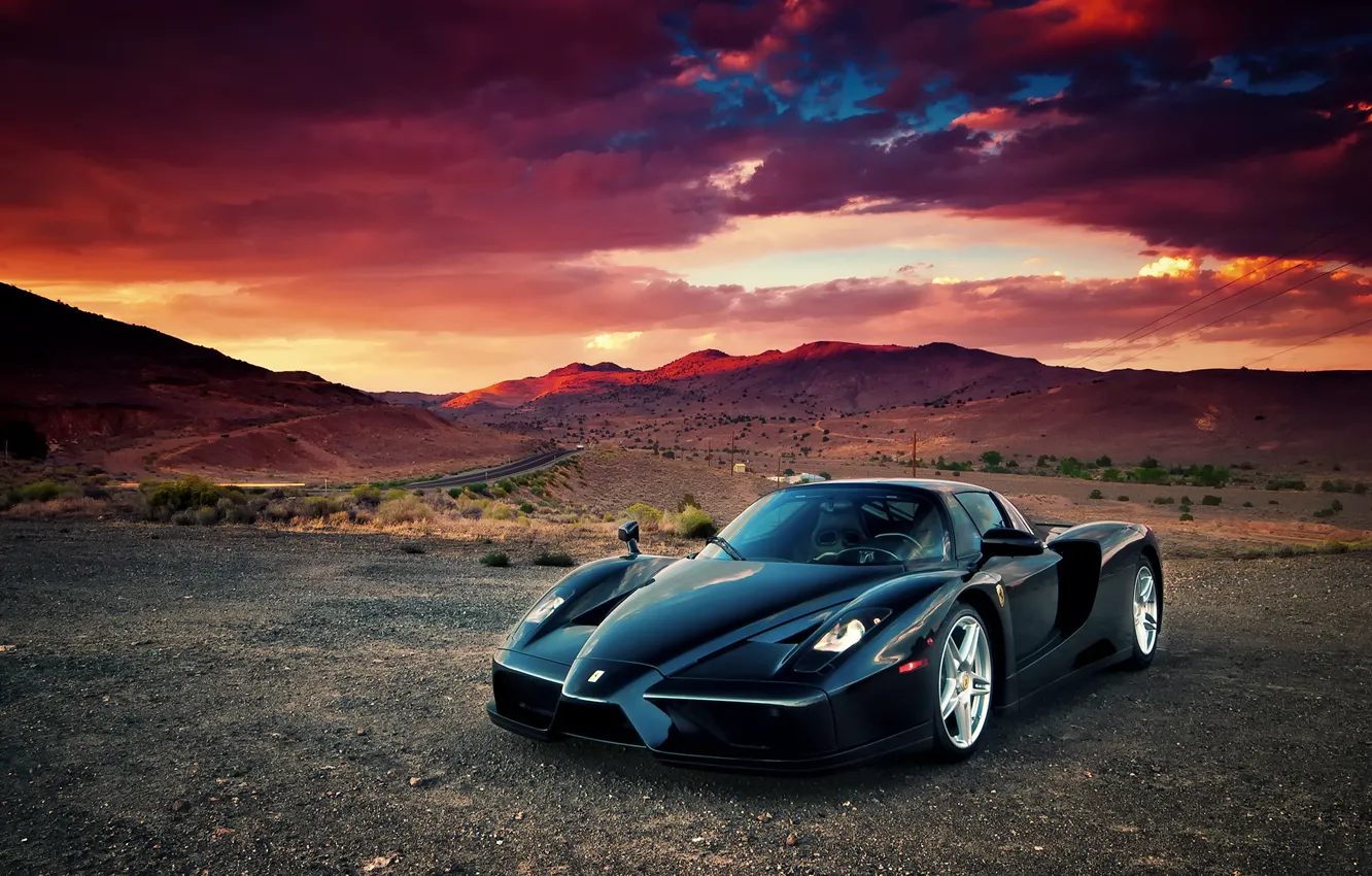 Photo wallpaper clouds, sunset, desert, supercar, Ferrari Enzo, Ferrari what Enzo's info