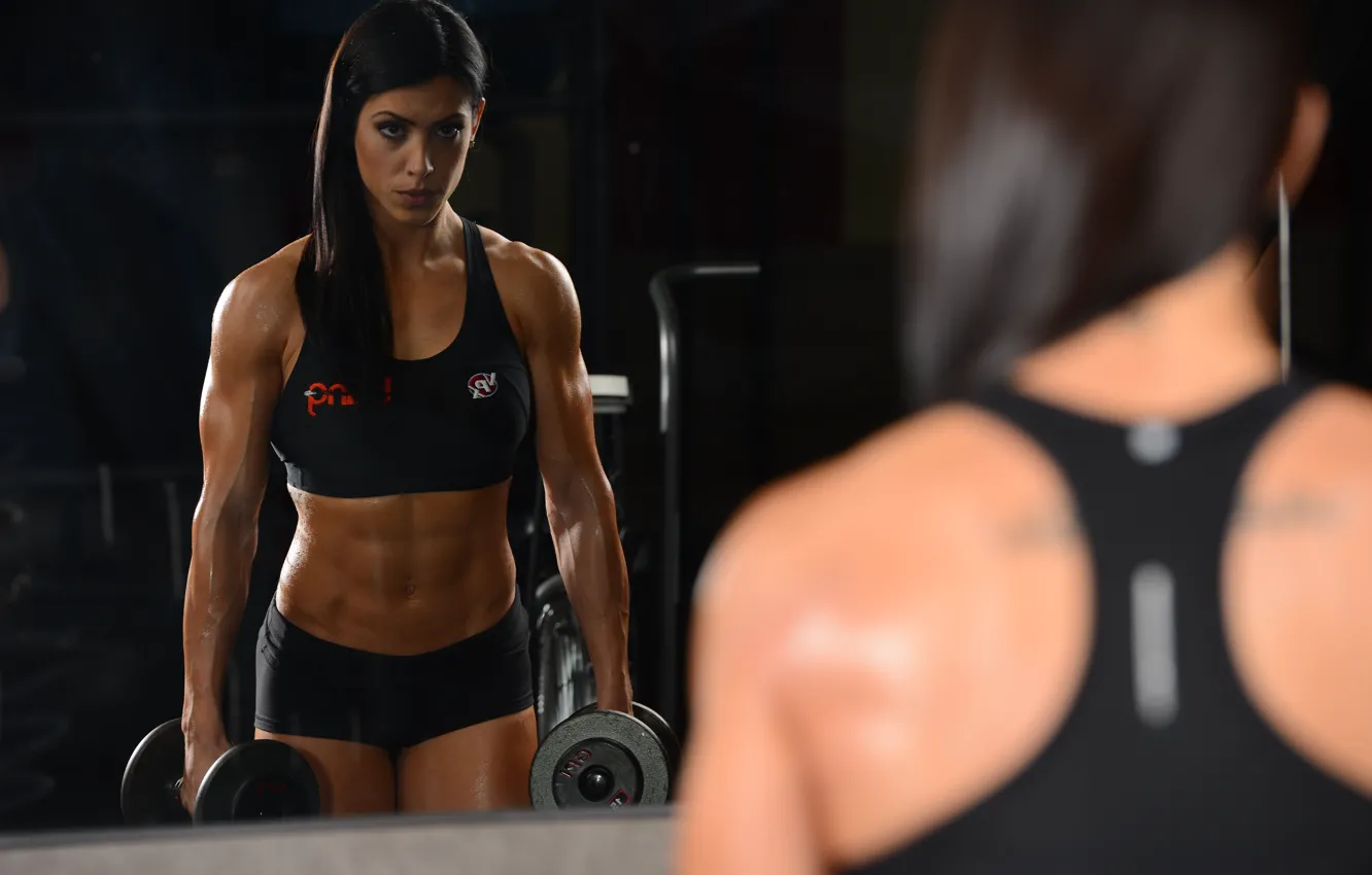 Photo wallpaper woman, mirror, workout, fitness, abs