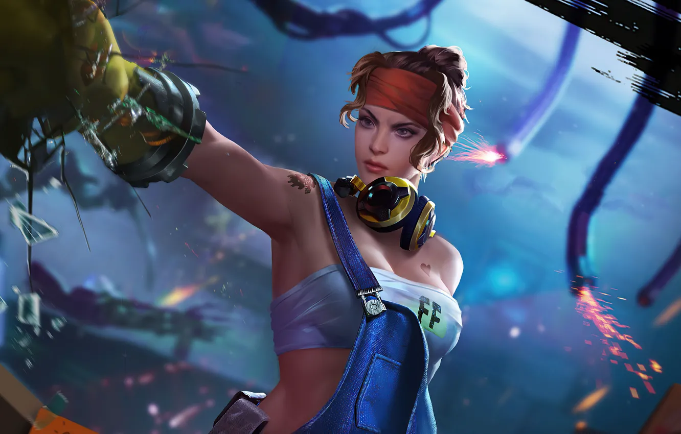 Photo wallpaper the game, headphones, blow, Action, game, jumpsuit, action, broken glass