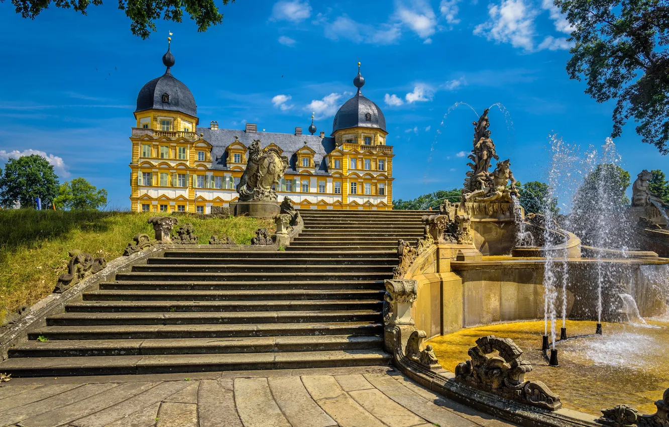 Photo wallpaper the sky, the sun, clouds, trees, design, Germany, ladder, stage