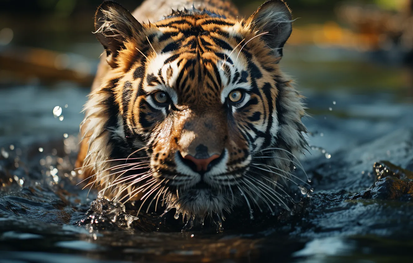 Photo wallpaper look, face, water, tiger, bathing, pond, AI art, neural network
