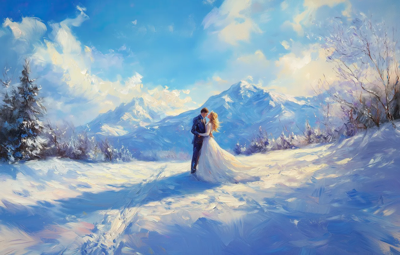 Photo wallpaper winter, field, girl, clouds, light, snow, trees, love