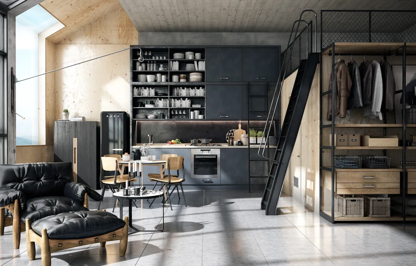 Photo wallpaper design, interior, kitchen, dining room, Industrial style, Loft in industrial style, Loft in Singapore