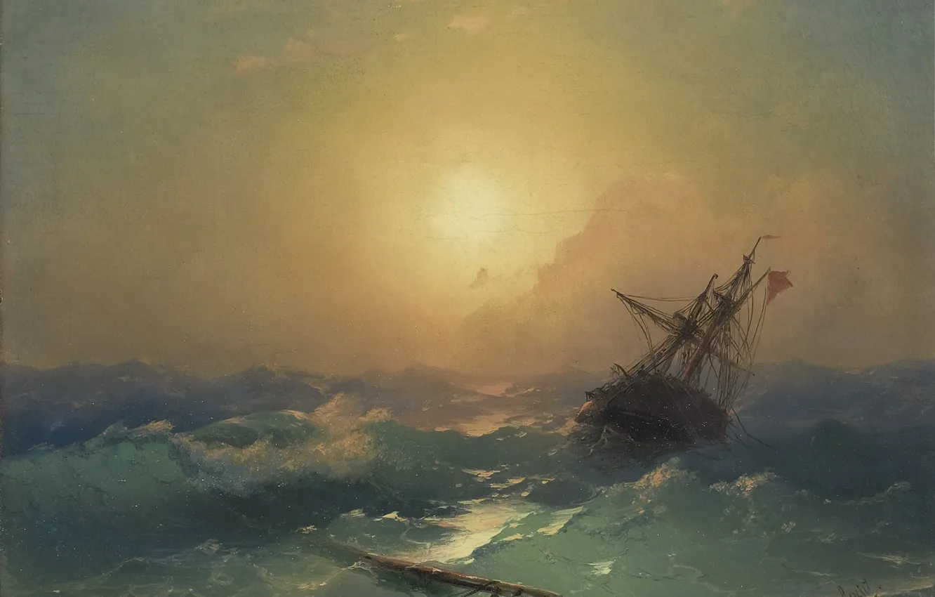 Photo wallpaper wave, storm, picture, seascape, Ivan Aivazovsky, 1865, The ship in Distress