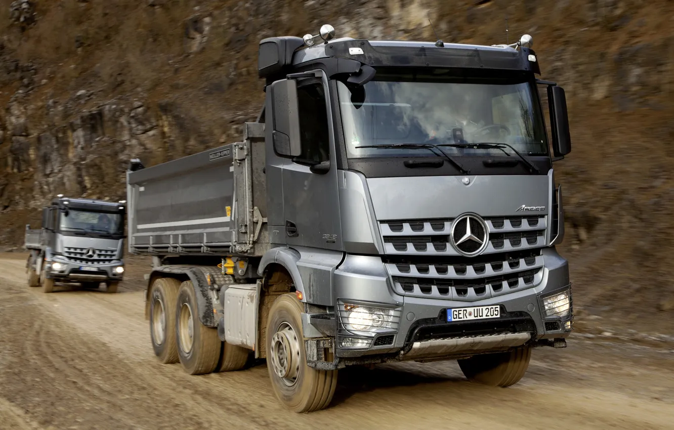 Photo wallpaper road, Mercedes-Benz, grey, 2013, triaxial, Arocs, trucks