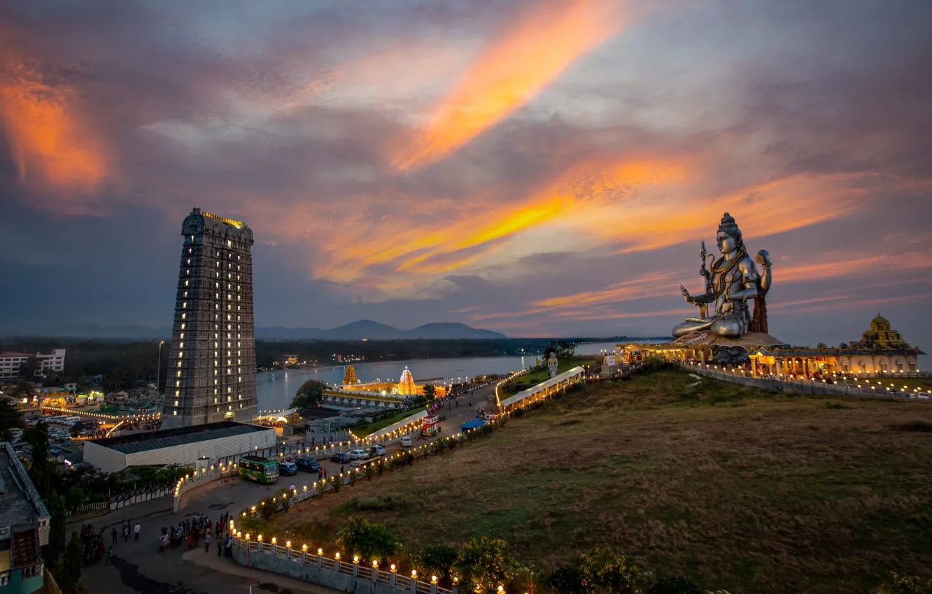 Photo wallpaper The evening, The city, Horizon, Building, Karnataka, Karnataka, The murudeshwara, Deity