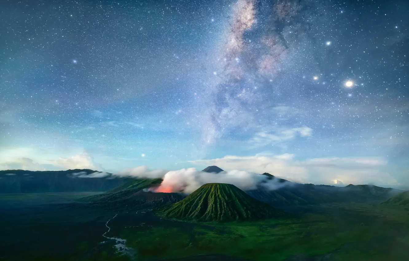 Photo wallpaper mountains, night, the way, island, volcanoes, milky, Bromo, Java