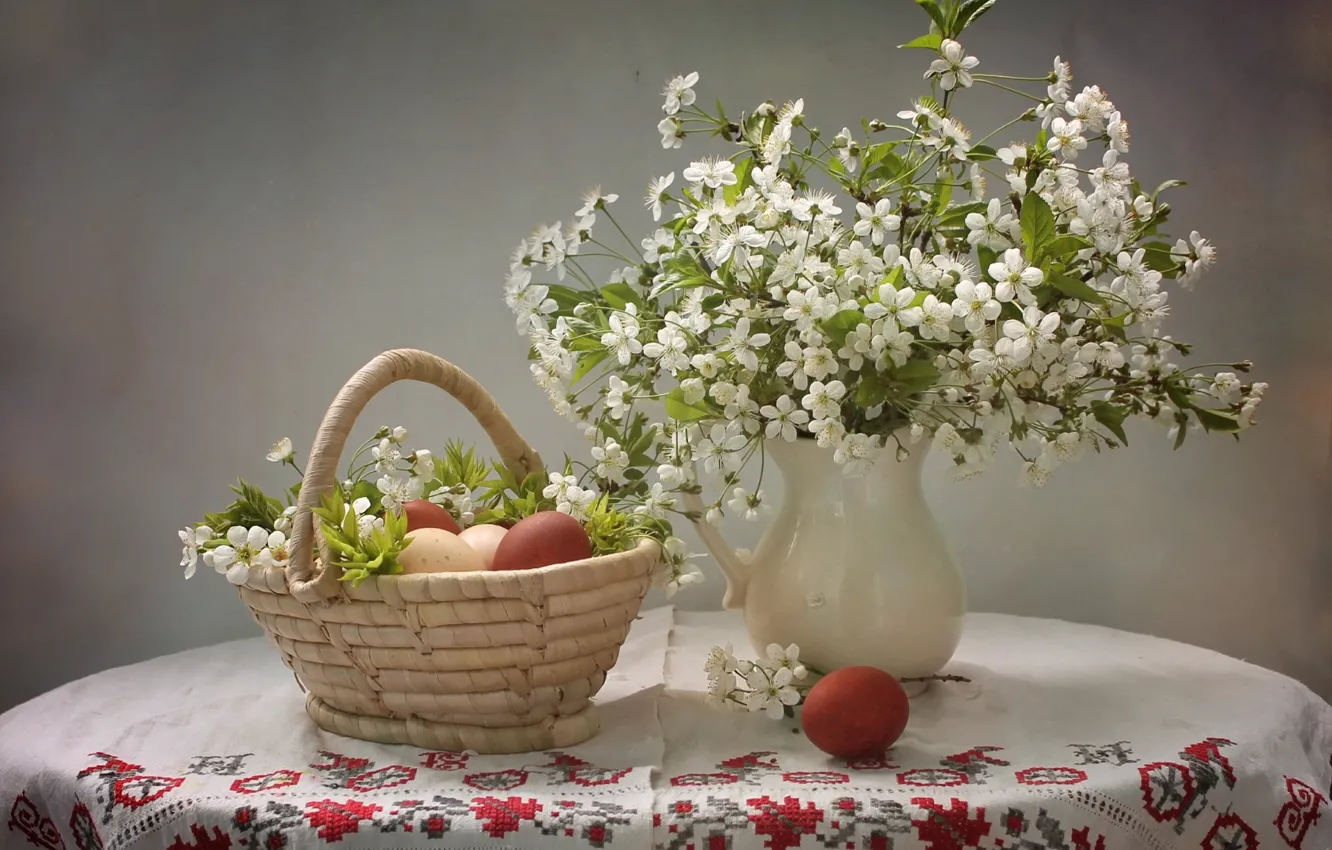 Photo wallpaper cherry, eggs, Easter, basket, eggs