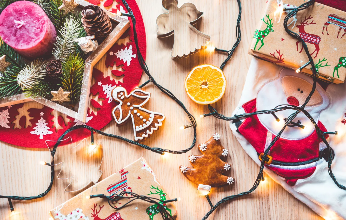 Photo wallpaper decoration, holiday, gift, orange, candles, cookies, garland, Santa Claus