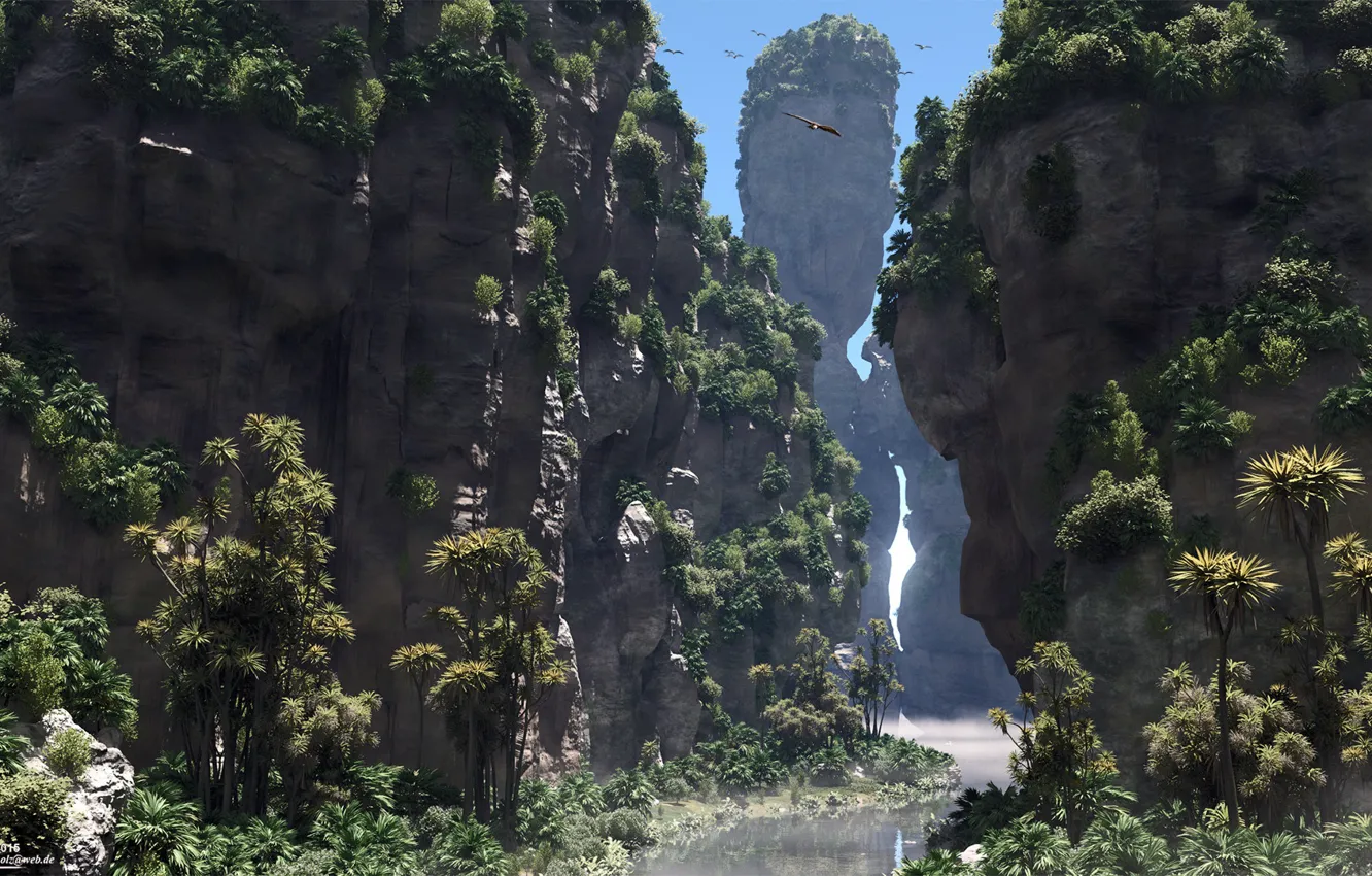 Photo wallpaper mountains, river, palm trees, rock gorge