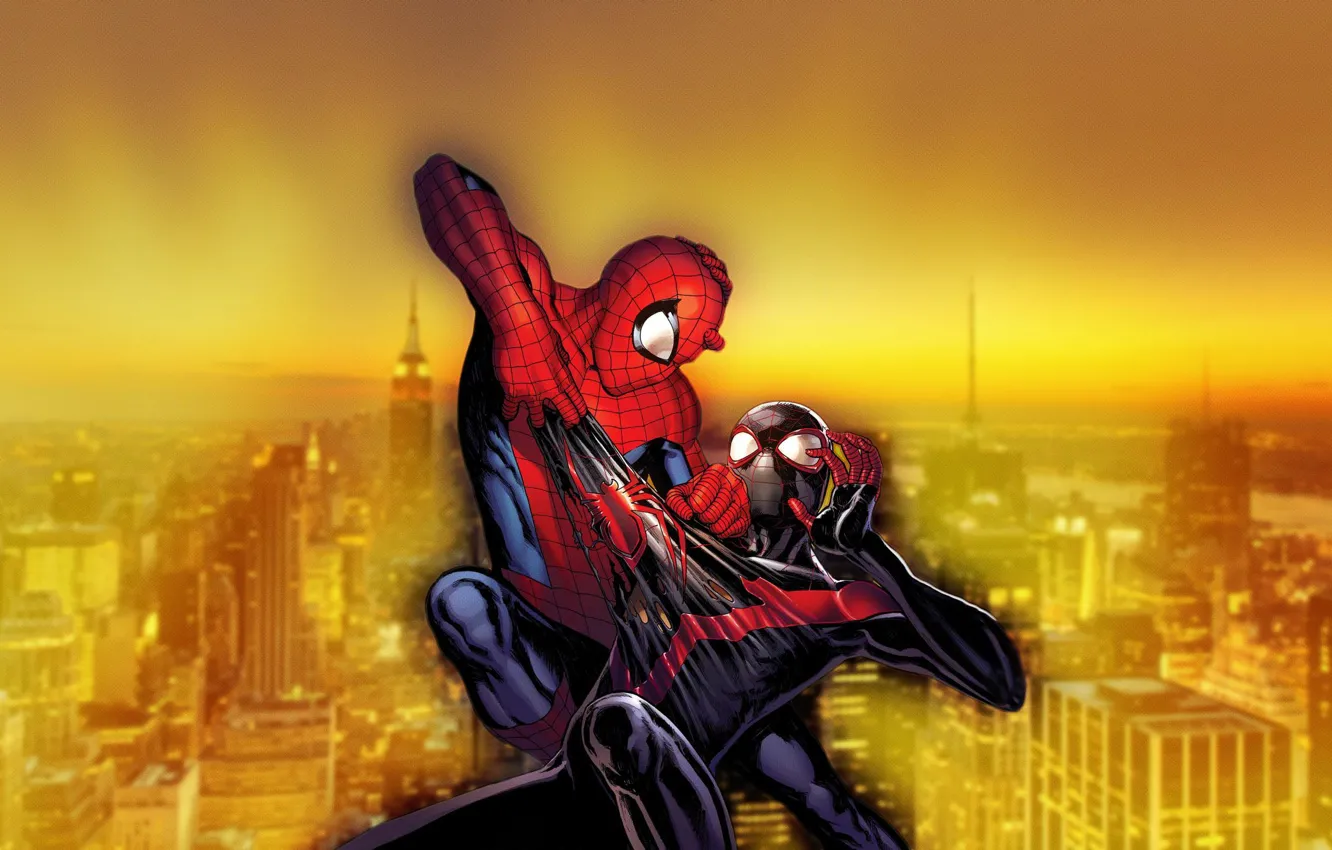 Photo wallpaper city, new york, fight, spider man, ultimate spider man