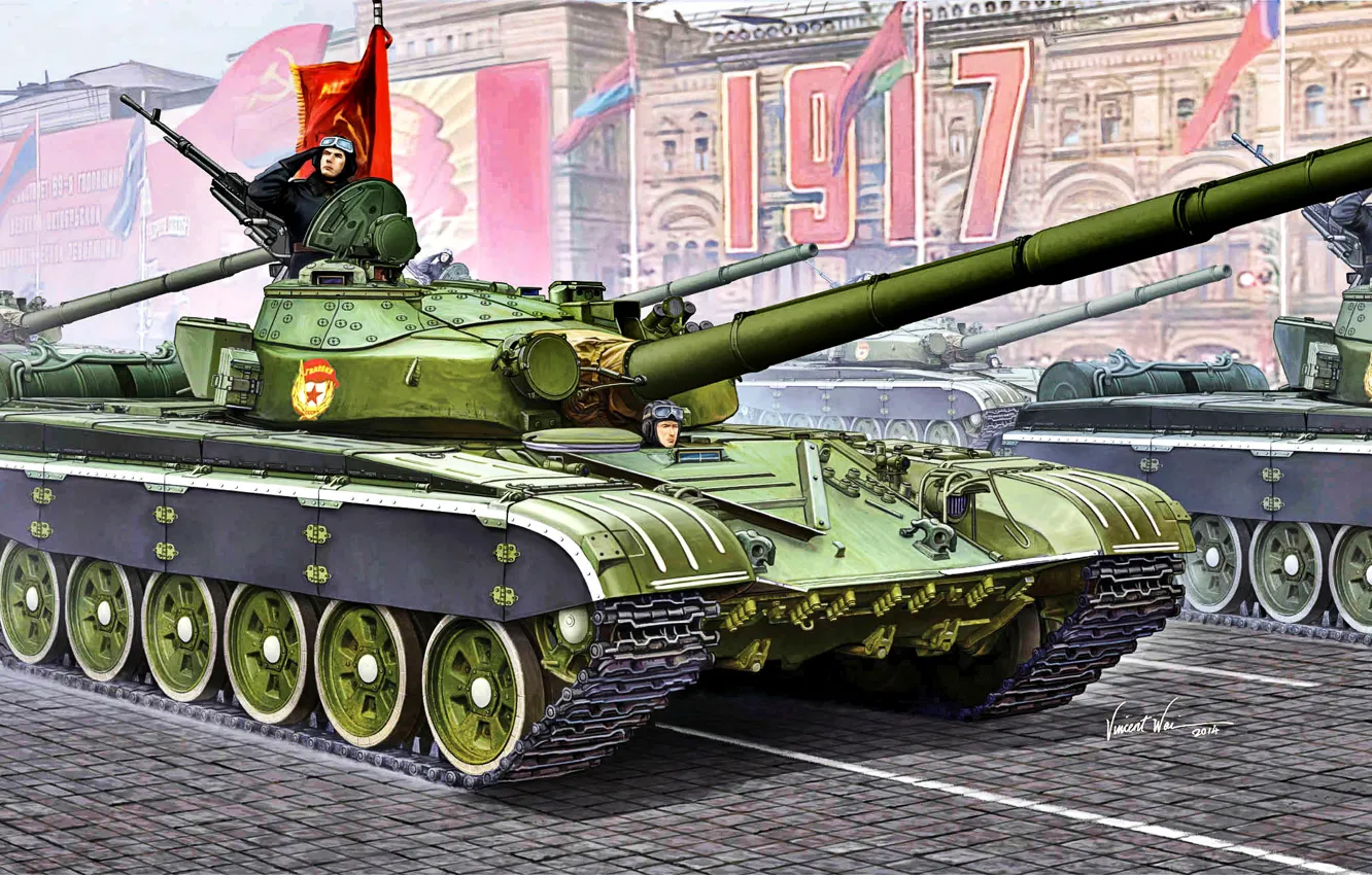 Photo wallpaper USSR, main battle tank, Red Flag, T-72B, Guard, 12.7 mm NSVT, The cold war