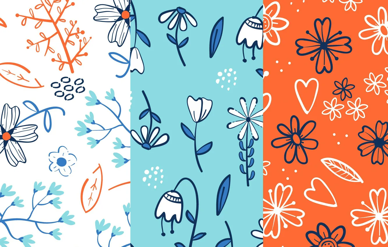Photo wallpaper flowers, blue, texture, orange background, patterns, floral