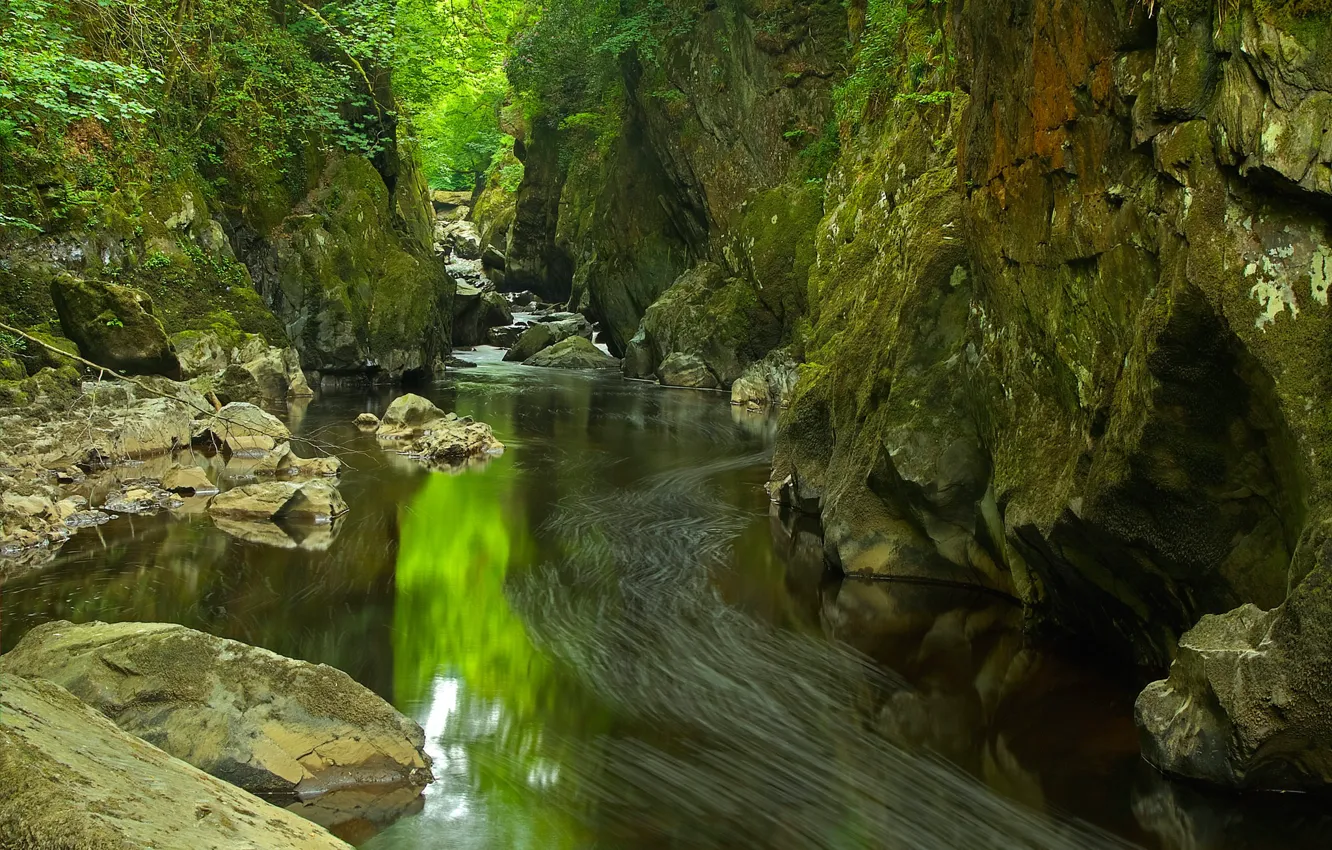 Photo wallpaper river, rocks, gorge, Wales