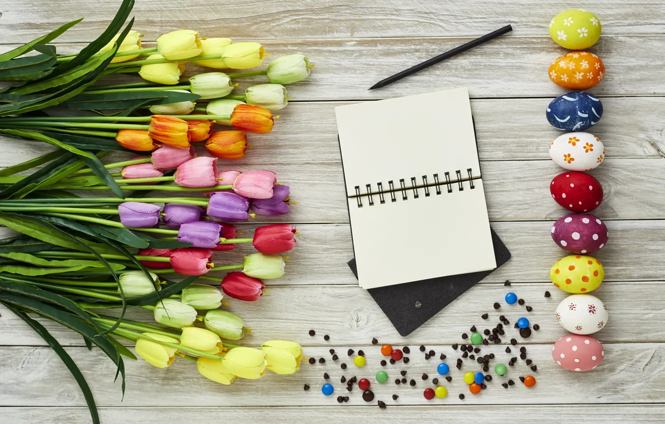 Photo wallpaper flowers, eggs, spring, colorful, Easter, tulips, wood, flowers