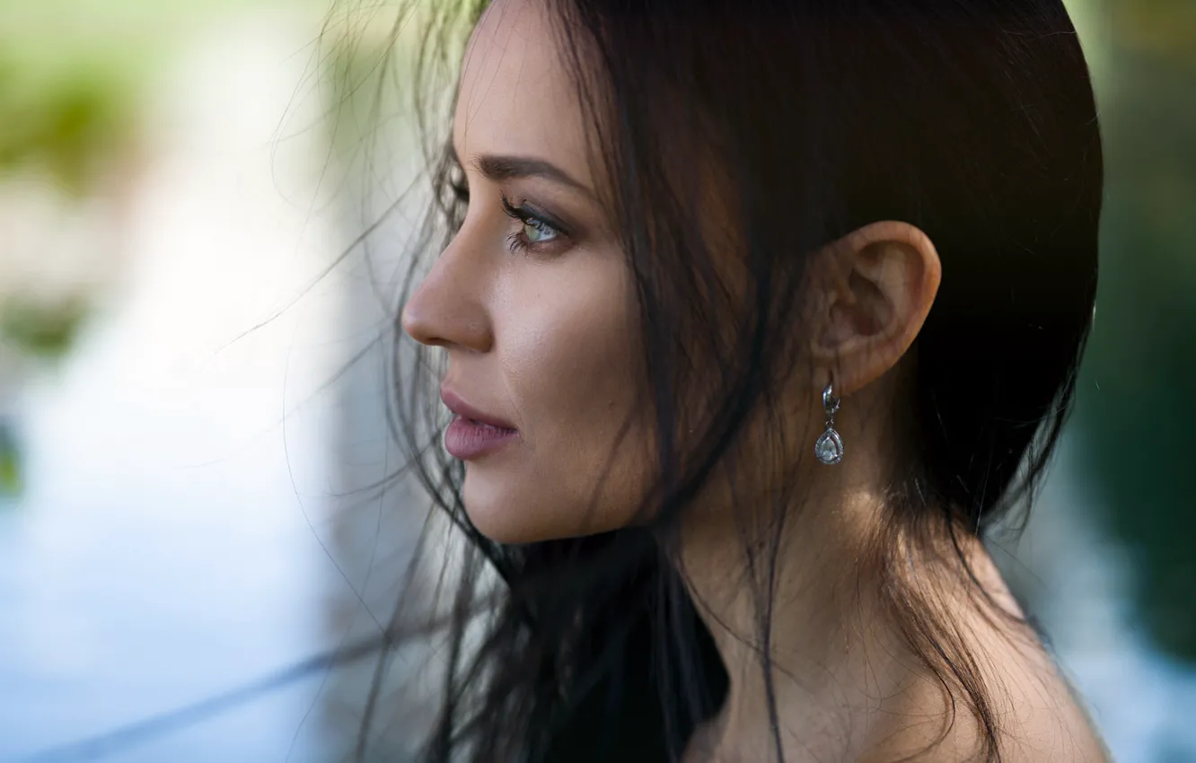 Photo wallpaper girl, long hair, photo, blue eyes, model, lips, face, brunette