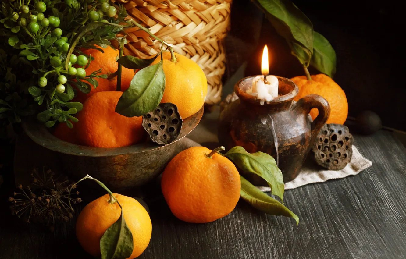Photo wallpaper leaves, light, table, flame, Board, candle, fruit, Christmas