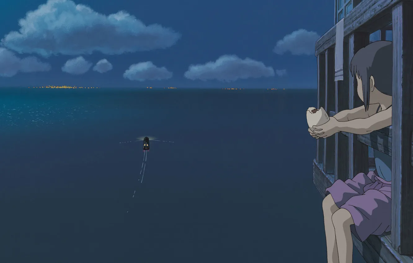 Photo wallpaper sea, clouds, lights, train, anime, girl, Hayao Miyazaki, spirited away