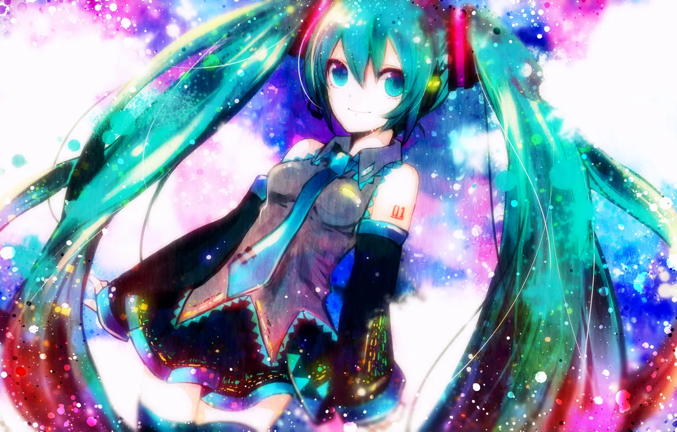 Photo wallpaper girl, colorful, headphones, art, tie, tattoo, microphone, vocaloid