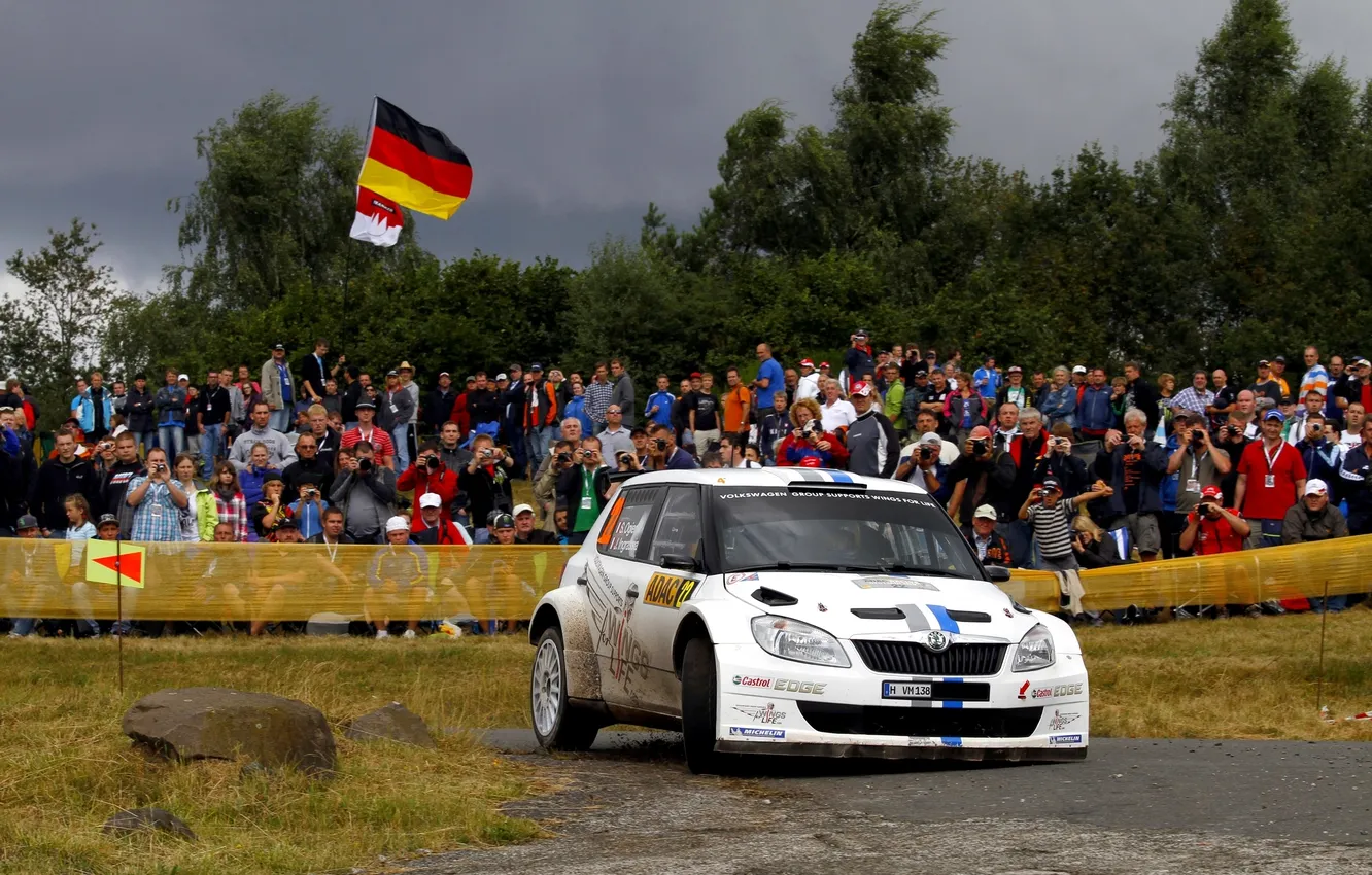 Photo wallpaper auto, white, overcast, people, turn, WRC, fans, Rally