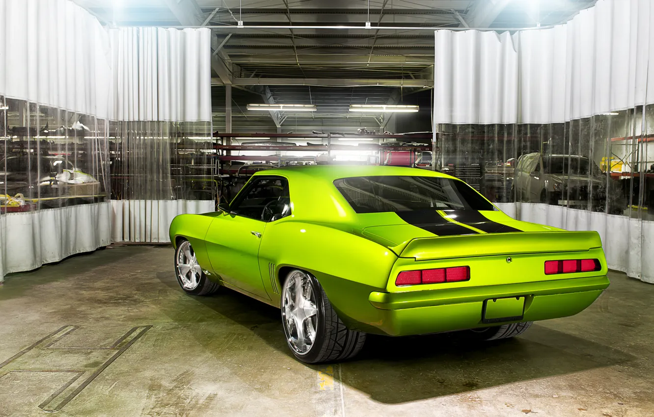Photo wallpaper machine, garage, car, Chevrolet Camaro, Rides Green Monster 34