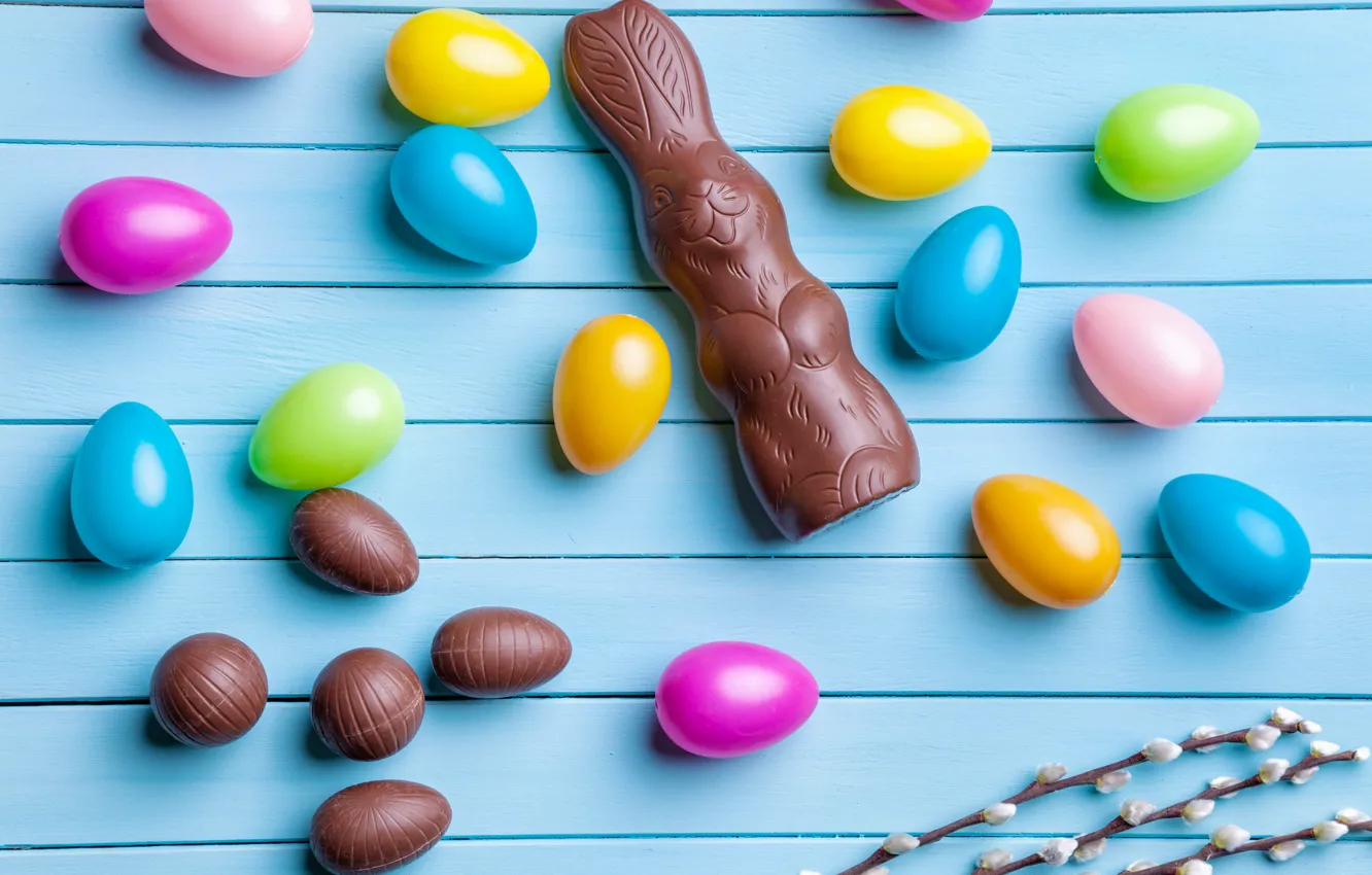 Photo wallpaper chocolate, eggs, colorful, rabbit, candy, Easter, wood, Verba