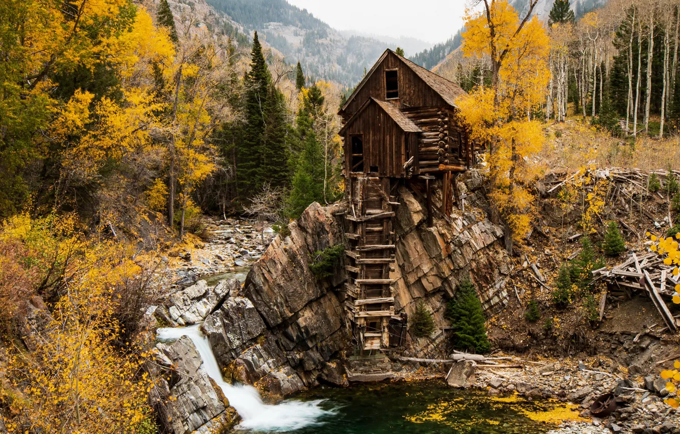 Photo wallpaper autumn, river, Crystal Mill