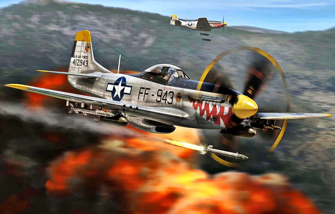 Photo wallpaper Mustang, The explosion, USAF, The Korean war 1950-1953, HVAR, bombs, 18th FBG, F-51D