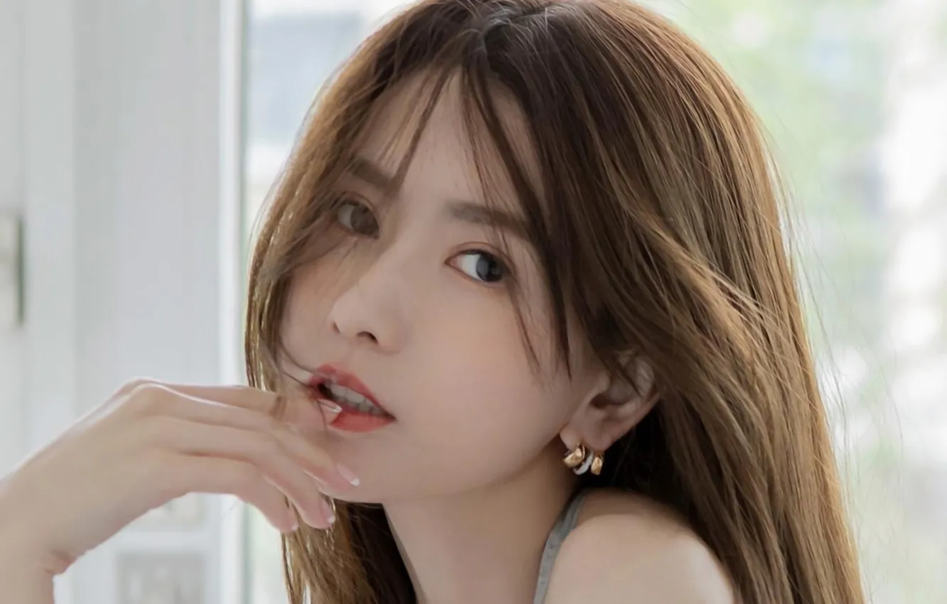 Photo wallpaper girl, long hair, smile, beautiful, pretty, face, brunette, asian