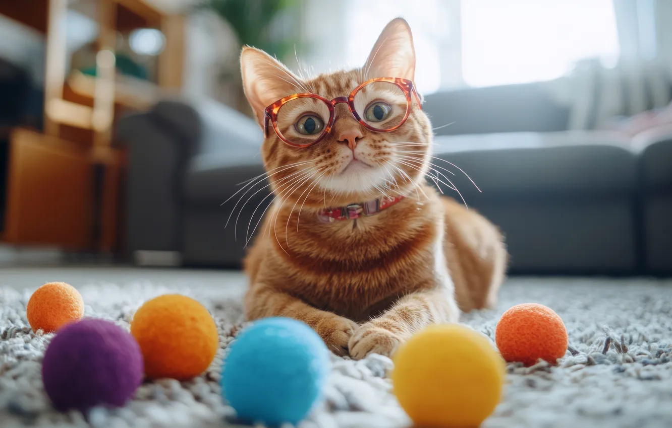 Photo wallpaper cat, cat, look, balls, light, pose, room, sofa