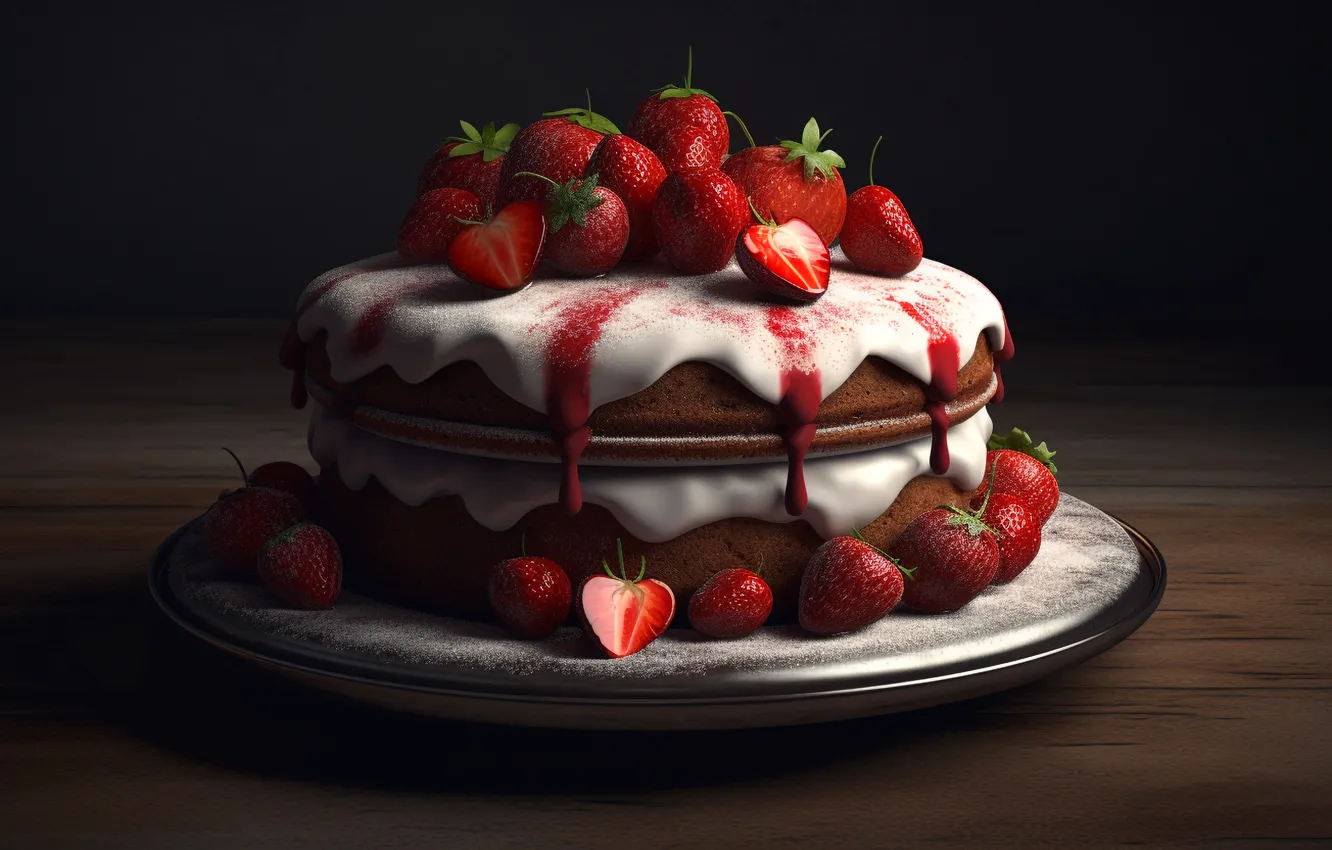 Photo wallpaper berries, the dark background, strawberry, cake, dessert, chocolate, AI art, neural network