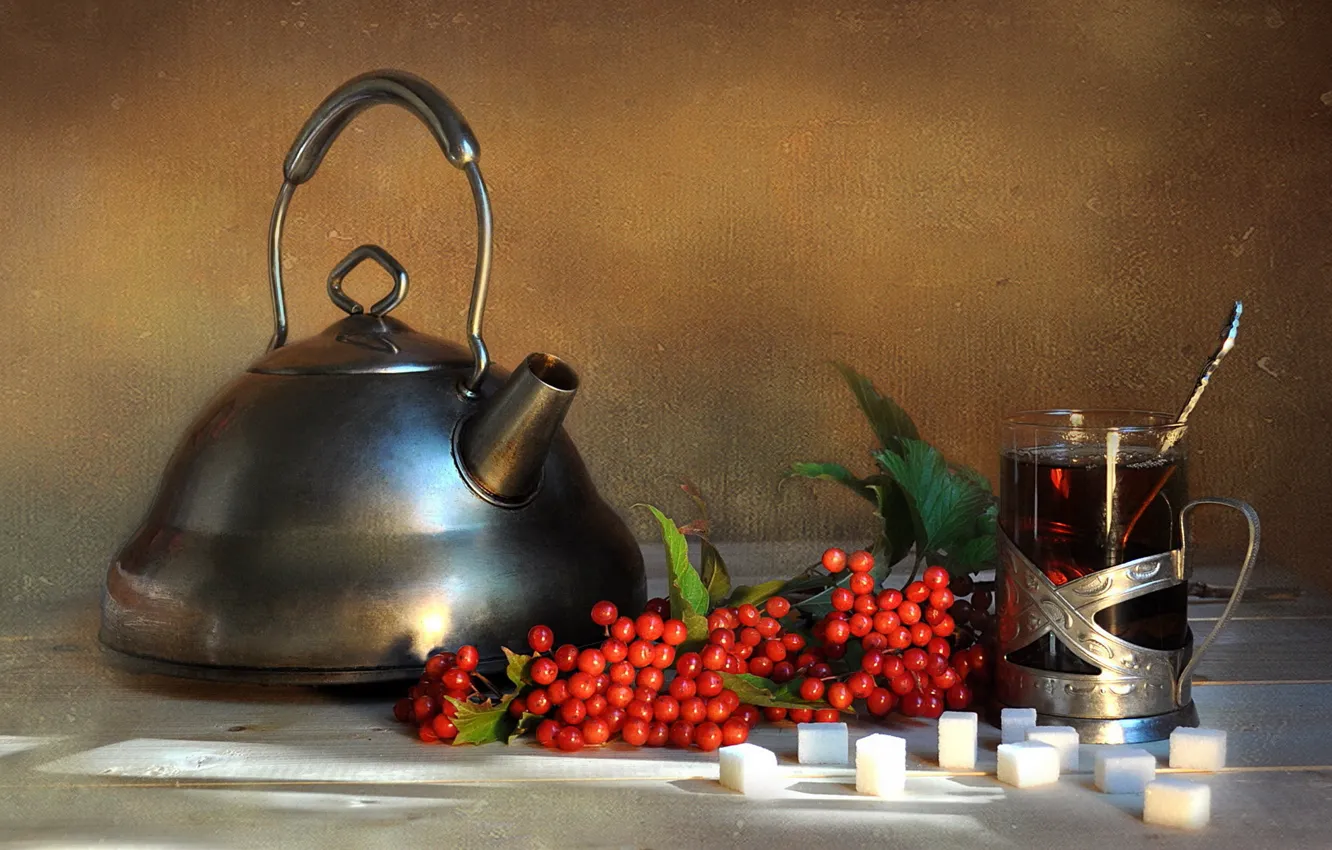 Photo wallpaper autumn, berries, background, tea, drink, still life, composition, Kalina