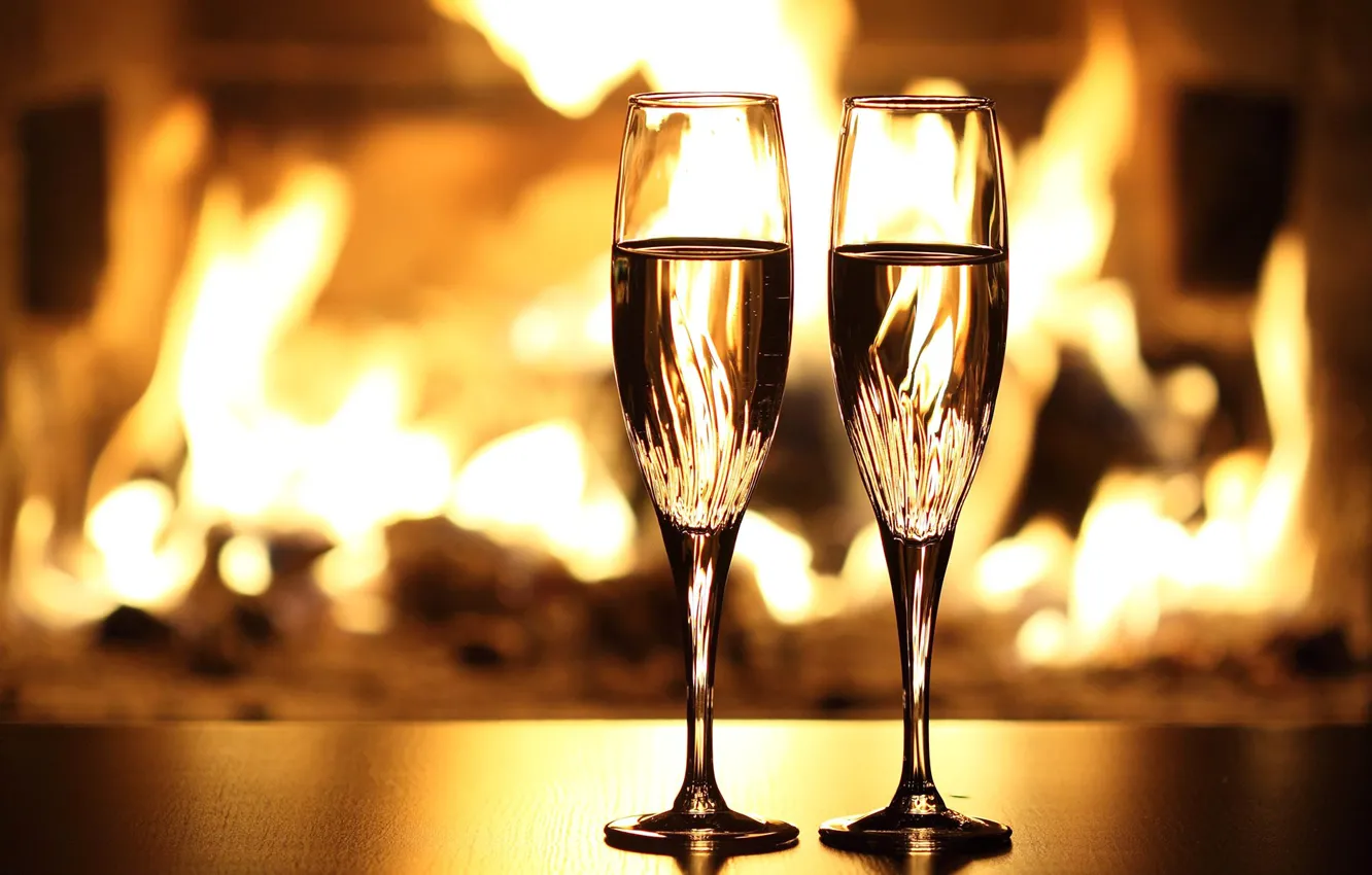 Photo wallpaper fire, holiday, glasses, fireplace, champagne