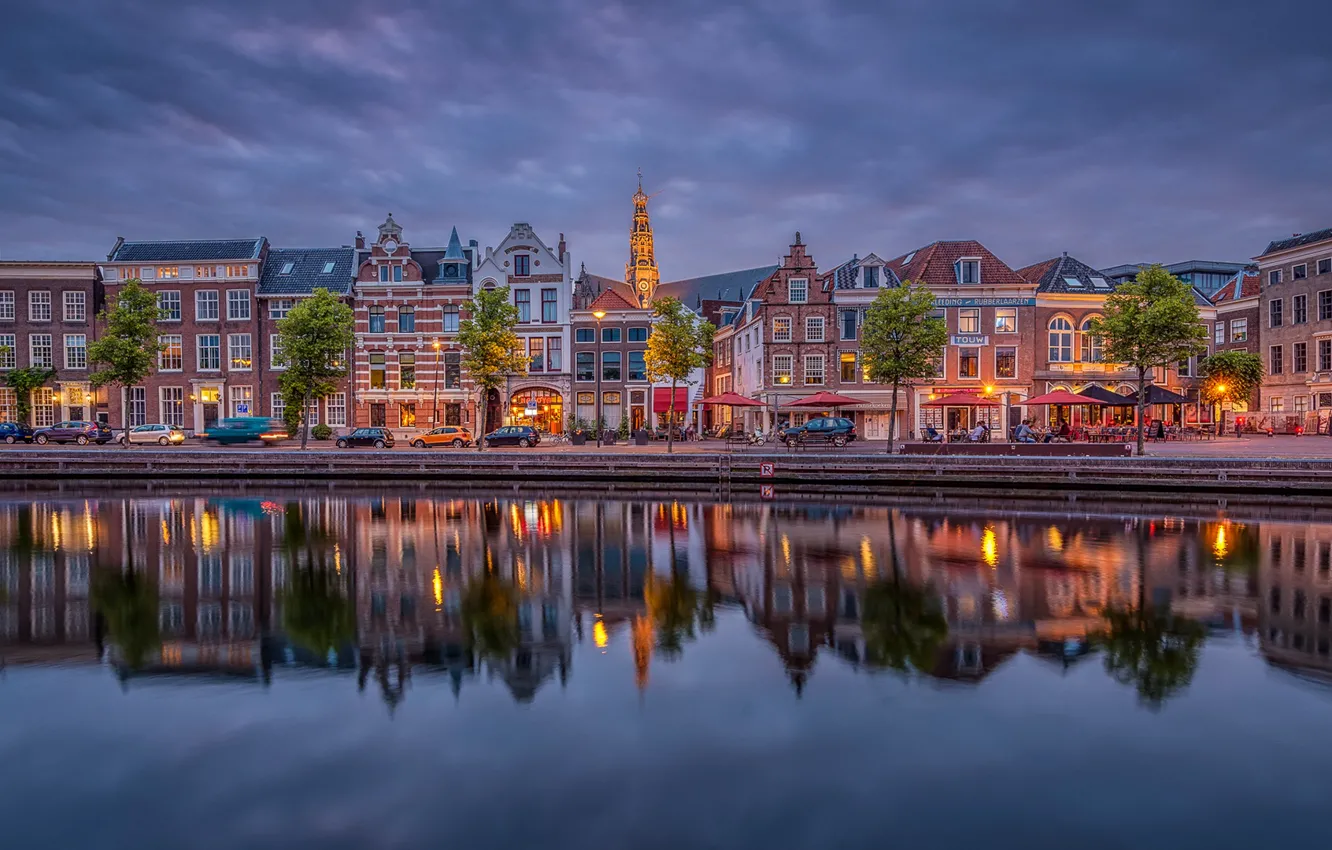 Photo wallpaper the sky, clouds, river, the evening, Netherlands, Haarlem