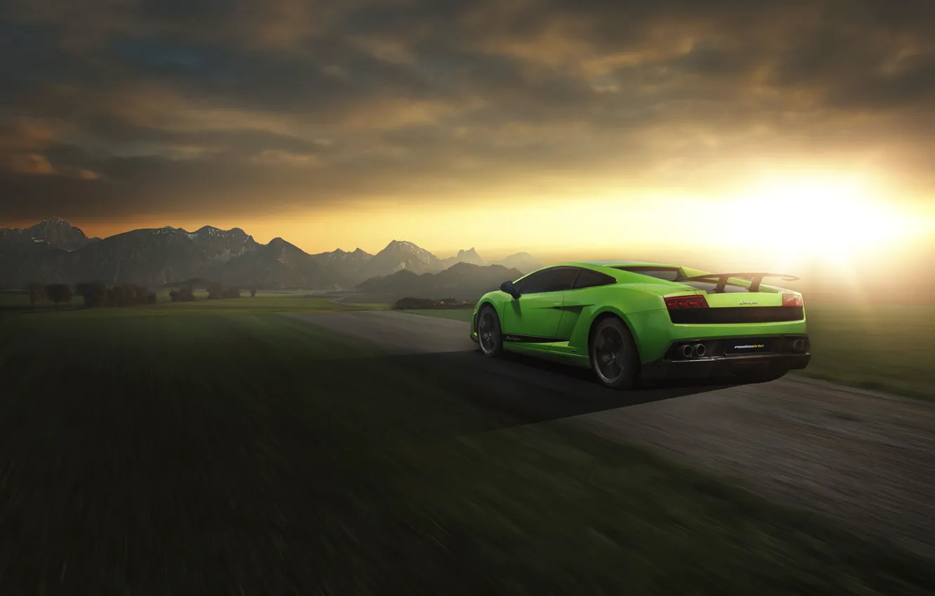 Photo wallpaper Lamborghini, Superleggera, Gallardo, Green, Speed, LP 570-4, Sunset, Road