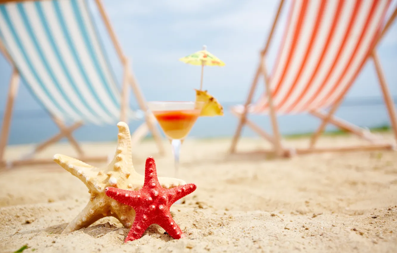 Photo wallpaper sand, sea, beach, summer, stay, chaise, starfish, summer