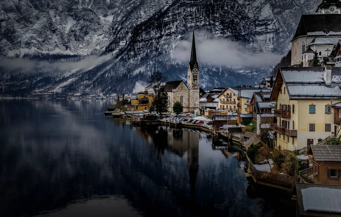 Photo wallpaper clouds, mountains, lake, home, Austria, Hallstatt