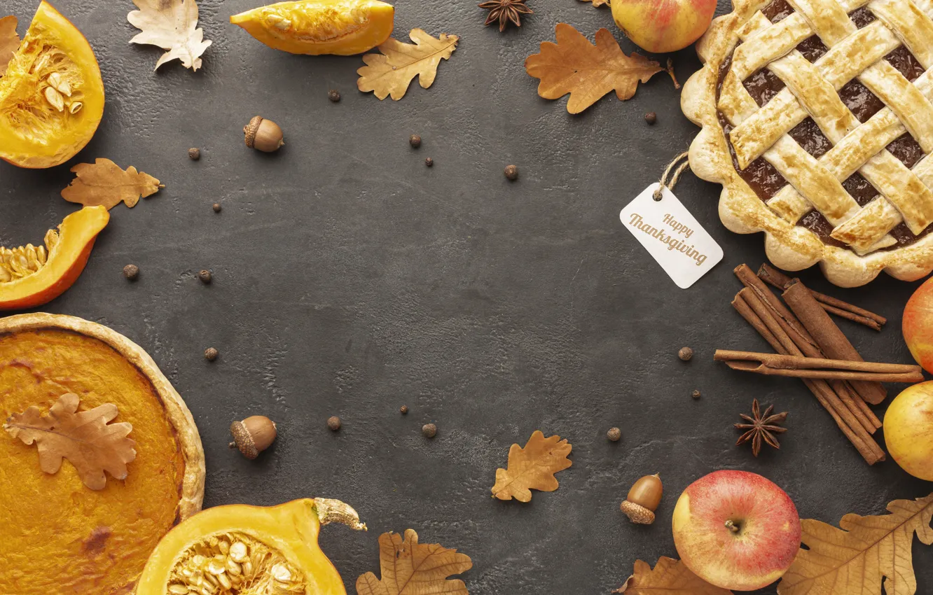 Photo wallpaper autumn, leaves, pie, pumpkin, cinnamon, cake, cakes, autumn